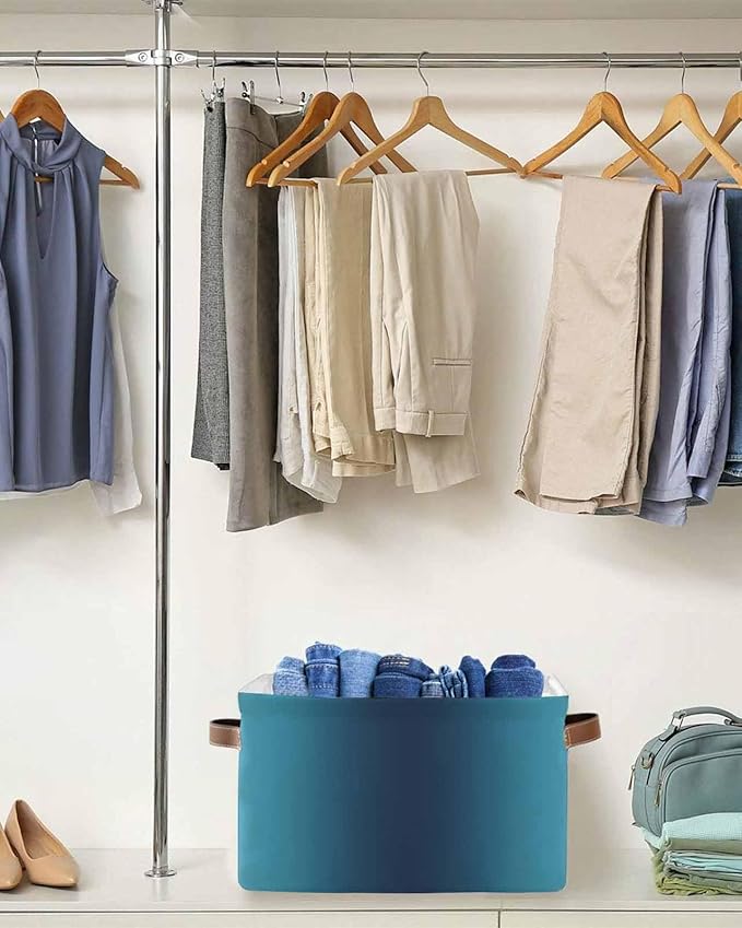 Blue Teal Grey Ombre Storage Bins Cubes Waterproof Cloth Storage Basket, Farmhouse Gradient Minimalist Foldable Storage Bags for Shelf Closet Clothes Storages Organizers with Handles 15x11x9.5 in 2PCS