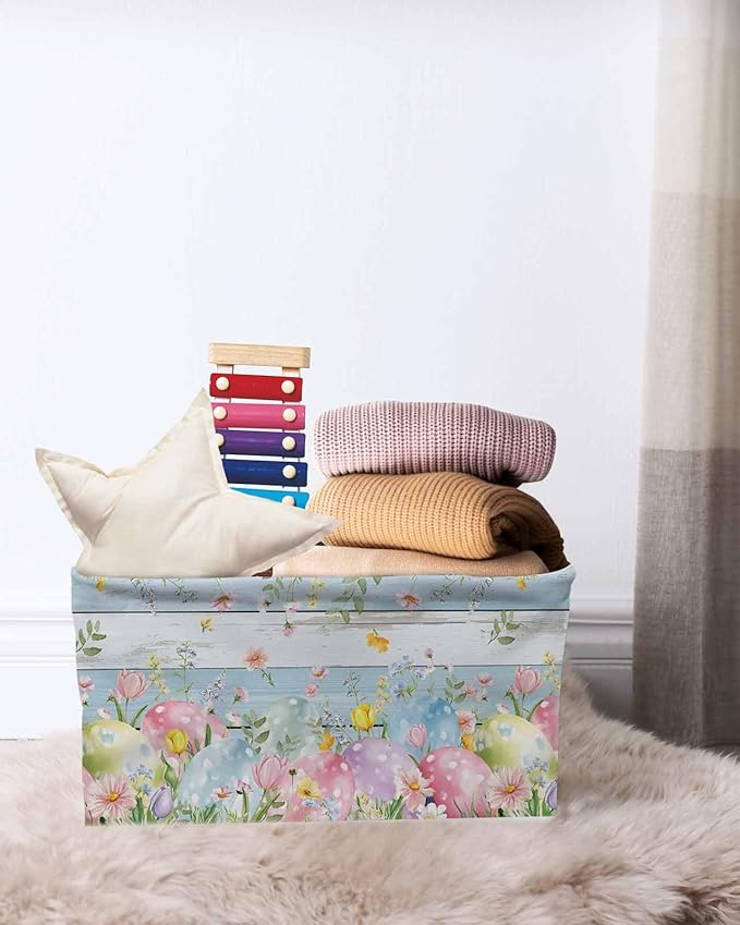 Easter Eggs Storage Bins Cubes Waterproof Cloth Storage Basket,Spring Daisy Eucalyptus Leaves Light Blue Wood Foldable Storage Bags for Shelf Clothes Storages Organizers with Handles 15x11x9.5 in 2PCS