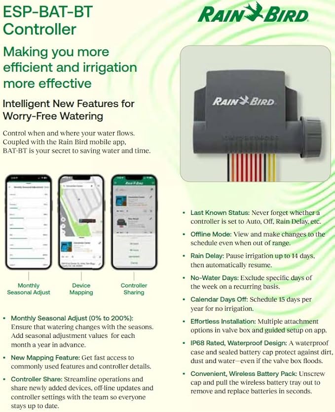 Rain Bird ESP-BAT-BT4 Advanced Bluetooth Battery-Operated Controller 4 Zone App-Controlled Irrigation Timer