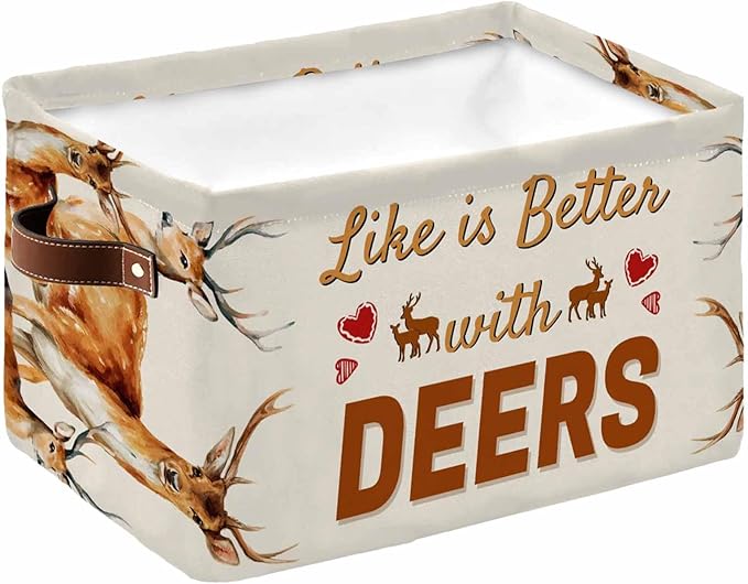 Orange Deer Storage Bins Cubes Waterproof Cloth Storage Basket, Wildlife Elk Animals Rustic Farmhouse Foldable Storage Bags for Shelf Closet Clothes Storages Organizers with Handles 15x11x9.5 in 1PCS