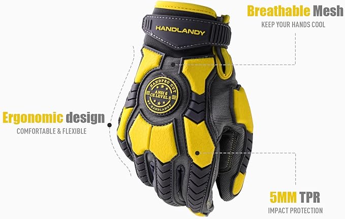 HANDLANDY HLDD Heavy Duty Work Gloves, TPR Protector Impact Gloves, Men Anti Vibration Mechanic Work Glove TouchScreen