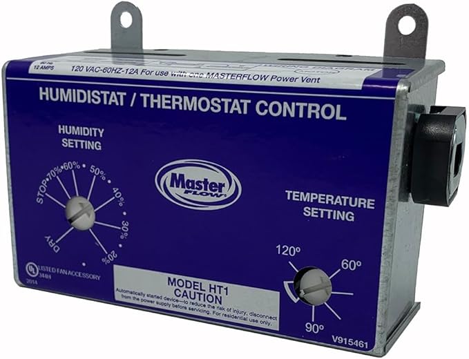 Master Flow GAF Adjustable Humidistat & Thermostat Combo for Power Vents & Fans | Controls Attic Moisture & Heat Buildup | Adjustable for All Climates | Universal Compatibility | UL Listed - HT1