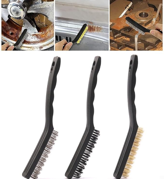Heavy Duty Mini Wire Brush Set for Rust Removal Engine Cleaning Upholstery and Plastic Surfaces – Steel Brass Nylon Brushes with 9 Inch Handle(Steel)