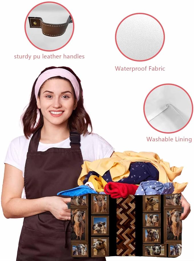 Desert Camels Storage Bins Cubes Waterproof Cloth Storage Basket,Brown Wildlife Farmhouse Animals Rustic Foldable Storage Bags for Shelf Clothes Storages Organizers with Handles 15x11x9.5 in 2PCS