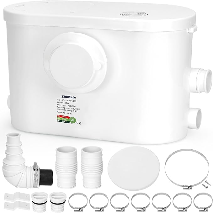 600W Macerator Pump, Powerful Sink Sewage Sump Pump, 8100 L/h Flow, Upflush 31.2 ft/9.5 m Head, 3 Water Inlets for Basement, Toilet, Shower, Kitchen, Bathtub Waste Water Disposal