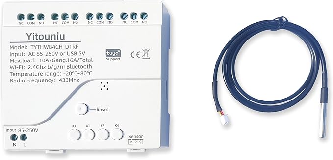 Tuya WiFi Smart Temperature Sensor Controller, 4-Channel 85-250V Relay Switch, Remote Voice Control, APP Remote Control, Dry Contact, Real-Time Monitoring, Works with Alexa and Google Home