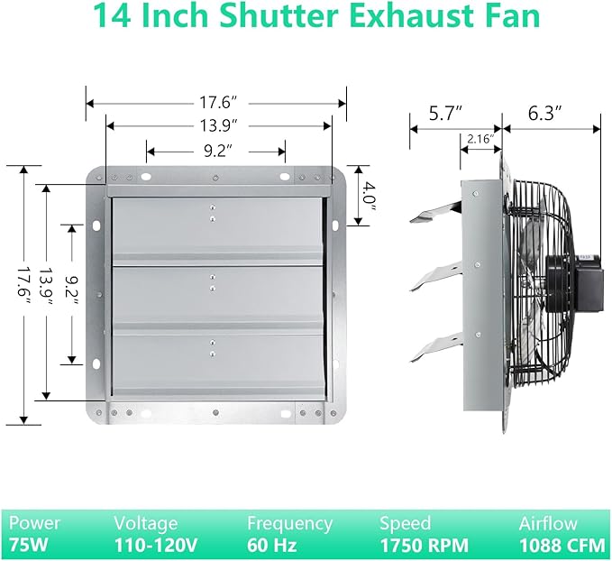 Shutter Exhaust Fan,14 inch Wall Mount Vent Fan with ON/OFF Switch,1750 RPM,1088 CFM, Attic Ventilator Fan for Greenhouse, Garage, Barn, Shed,Chicken Coops Ventilation Fans