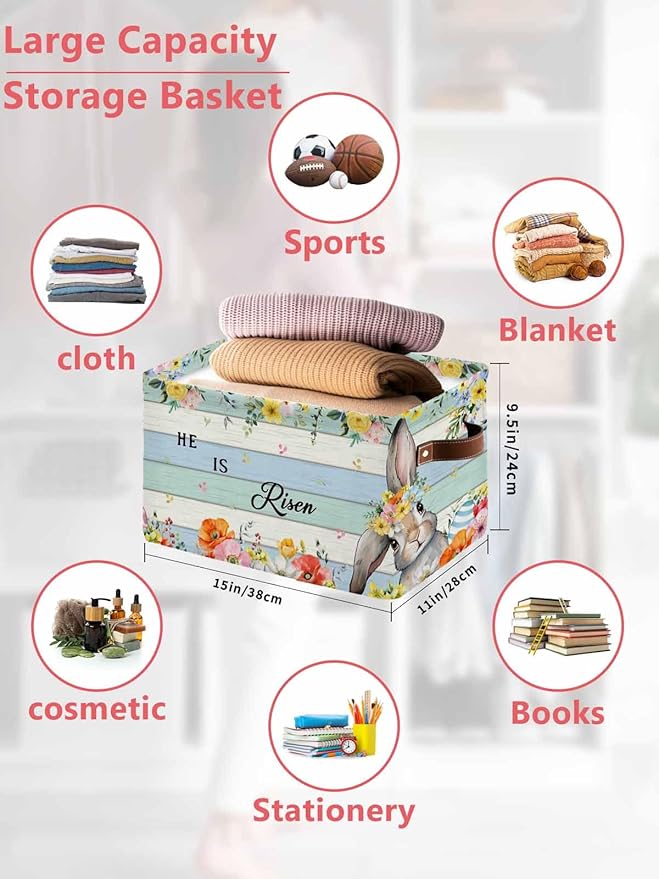 Easter Storage Bins Cubes Waterproof Cloth Storage Basket,Spring Farmhouse Bunny Flower Teal Blue Wood Grain Foldable Storage Bags for Shelf Clothes Storages Organizers with Handles 15x11x9.5 in 1PCS