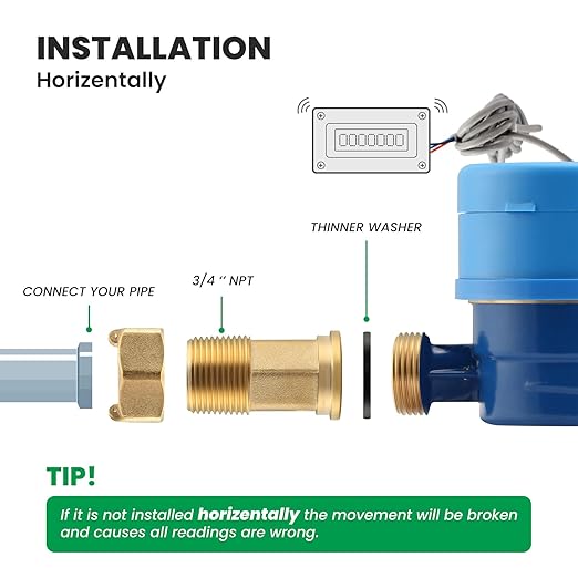 Watflow DN20 Water Meter 3/4" NPT,AWWA C712 Certification Gallon Water Flow Meter with Pulse Output, Cold Water Meter for Garden/Home/Apartment, Horizontal Install.