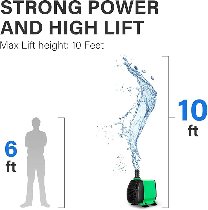 Simple Deluxe 10ft High Lift 800GPH 24W Submersible Pump (3000L/H) with 3 Size Nozzles for Fish Tank, Pond, Aquarium, Statuary, Hydroponics, Fountain, Green