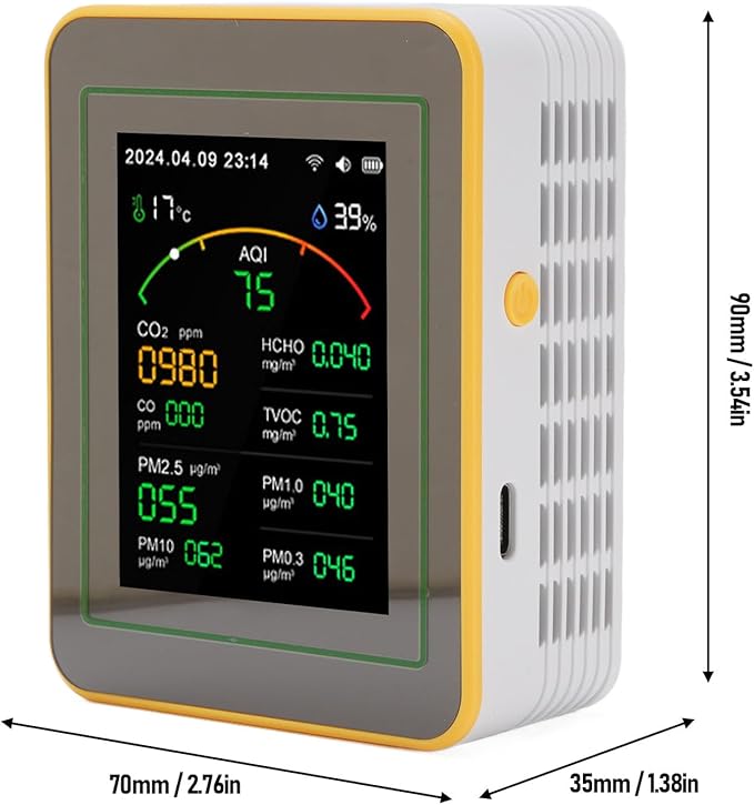 Eujgoov Air Quality Detector, 15 in 1 WiFi APP Control CO2 HCHO TVOC PM2.5 PM10 Temperature Humidity Monitor, with Smart Timer and Real Time Data, for Indoor Air Quality Tester (White Yellow)