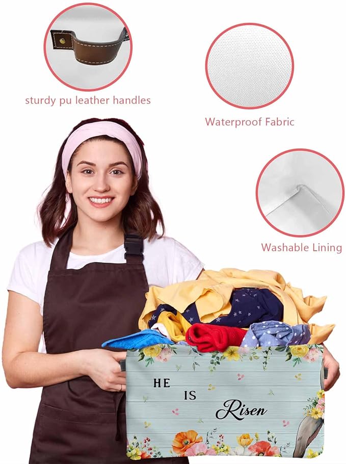 Easter Storage Bins Cubes Waterproof Cloth Storage Basket,Spring Farmhouse Bunny Flower Teal Wood Grain Foldable Storage Bags for Shelf Clothes Storages Organizers with Handles 15x11x9.5 in 2PCS