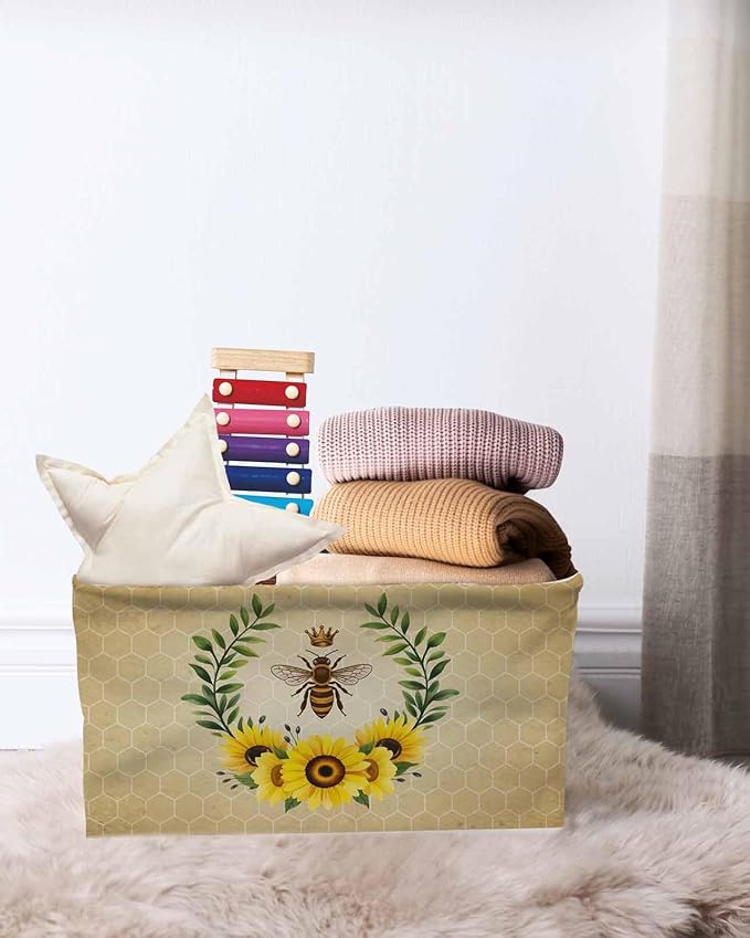 Sunflowers Storage Bins Cubes Waterproof Cloth Storage Basket,Farmhouse Bees Spring Summer Watercolor Floral Leaf Foldable Storage Bags for Shelf Storages Organizers with Handles 15x11x9.5 in 1PCS