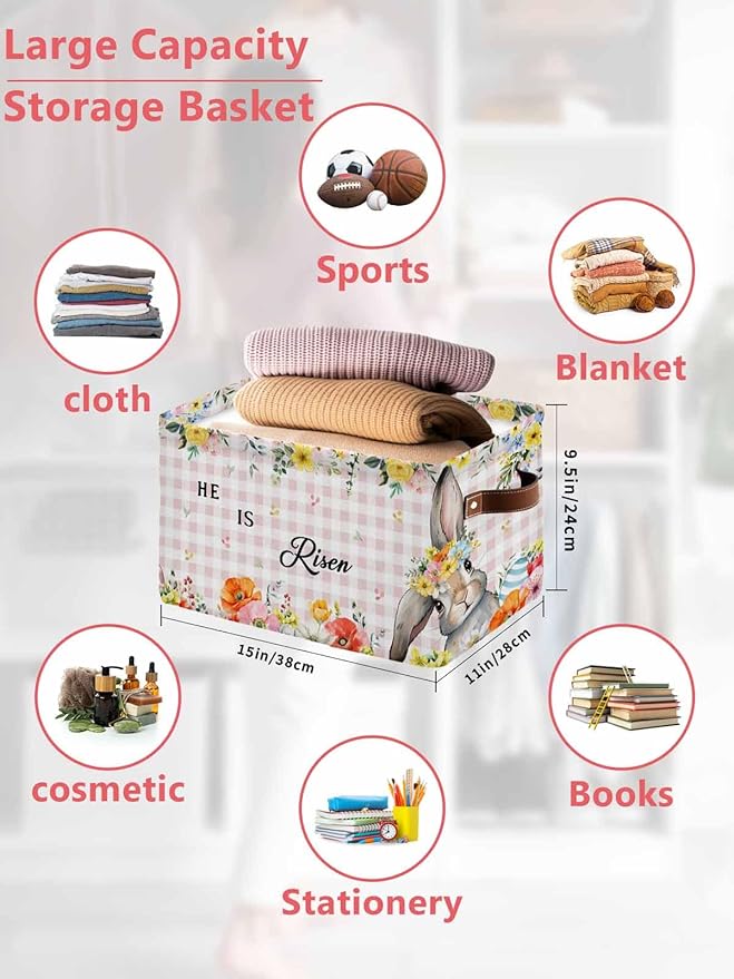 Easter Plaid Storage Bins Cubes Waterproof Cloth Storage Basket,Spring Watercolor Bunny Flower Pink Checkered Foldable Storage Bags for Shelf Clothes Storages Organizers with Handles 15x11x9.5 in 1PCS