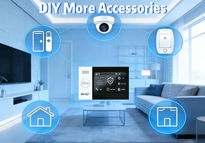 WiFi Wireless Alarm System for Home Security - 24/7 Protection Smart Home Devices 4.3" Touch Screen, GSM/4G+WiFi, App Instant Alerts, No Monthly Fee, Alexa Compatible for Villa, Kids Safety (8 pcs)