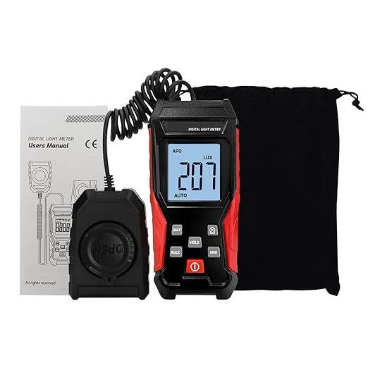 Light Meter Lux Meter Handheld Photometer 0.1~200,000Lux / 0.01~20,000FC Range Digital Illuminance Lightmeter Luxmeter with 4 Digit LCD Display & Flexible Sensor for Plants, Headlights, Lumens LEDs
