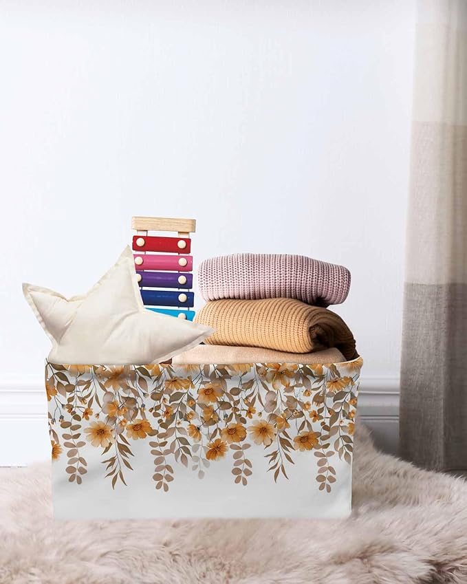 Brown Floral Storage Bins Cubes Waterproof Cloth Storage Basket, Farmhouse Spring Flowers Leaves Foldable Storage Bags for Shelf Closet Clothes Storages Organizers with Handles 15x11x9.5 in 1PCS