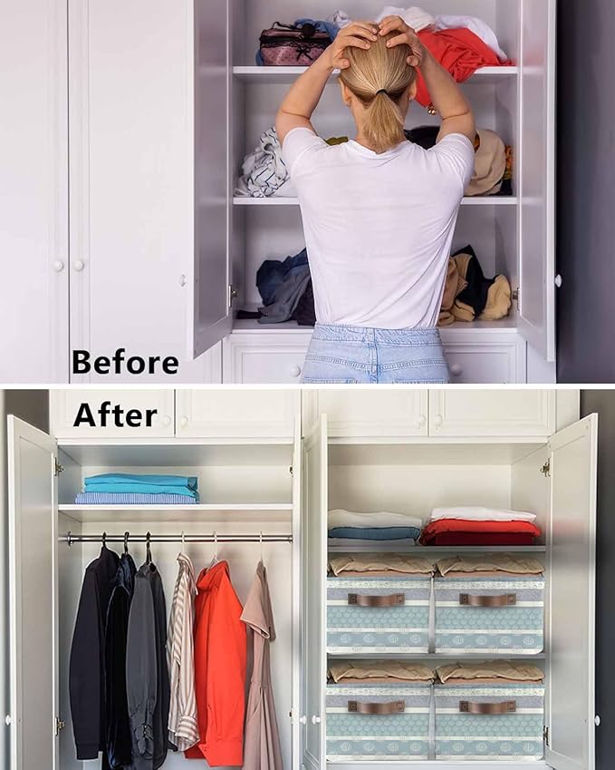 Farm Fruits Storage Bins Cubes Waterproof Cloth Storage Basket,Watermelon Lemons Peach Blue Grey Striped Foldable Storage Bags for Shelf Clothes Storages Organizers with Handles 15x11x9.5 in 1PCS
