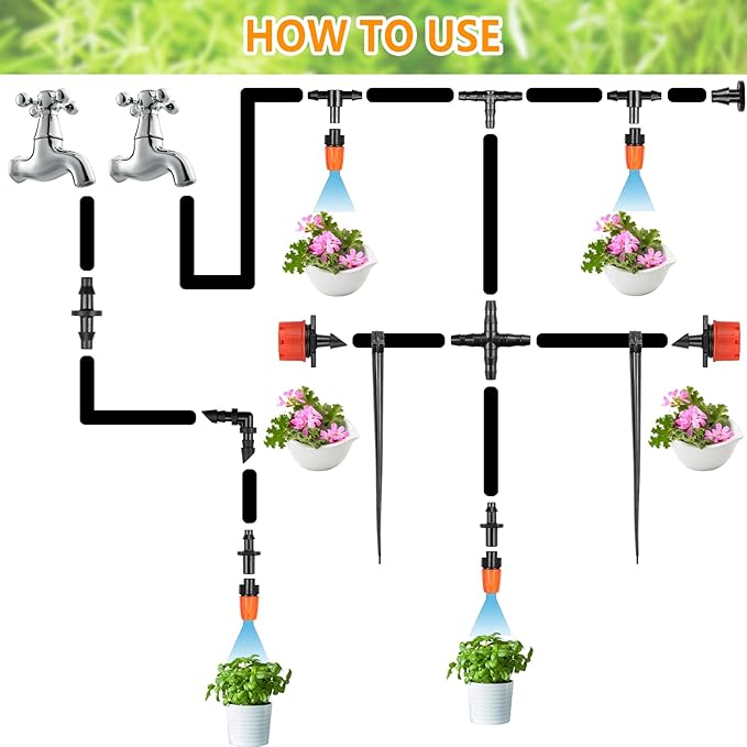 Drip Irrigation Fittings Kit for 1/4 Inch Tubing, 240 Pcs 1/4" Drip Line Barbed Connectors for Drip Systems - Nozzles,Micro Drips,Single Barbs,Tees,Couplings,Cross,End Plugs,Elbows,Hose Stakes
