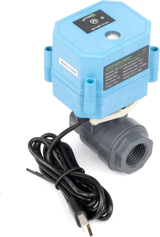 U.S. Solid WiFi Smart Motorized Ball Valve 1/2 inch NPT for Water Control & Irrigation, 2 Way PVC Electric Valve, USB Powered, LED Status Indicator, Flow Direction Window, Remote On/Off Control