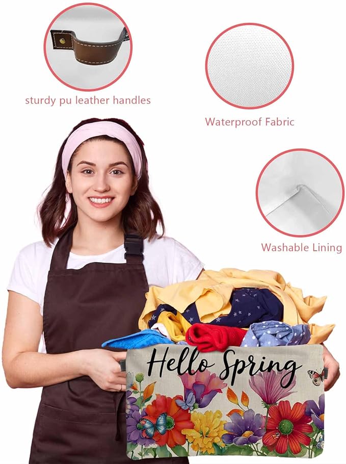 Spring Flowers Storage Bins Cubes Waterproof Cloth Storage Basket,Farmhouse Vintage Country Colorful Floral Foldable Storage Bags for Shelf Clothes Storages Organizers with Handles 15x11x9.5 in 2PCS