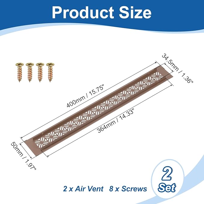 uxcell 2Pcs Aluminum Alloy Air Vents, 400 x 50mm / 15.7 x 2" Rectangle Louvered Ventilation Grille Cover with Mounting Screws for Door Cabinet Wardrobe, Brown