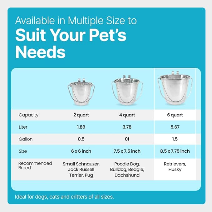 1.5 Gallon Stainless Steel Bucket - Heavy Duty Flat-Side Metal Bucket for Pets & Livestock Feeding - Rust Resistant Water Bucket with Hooks for Kennels, Cages, Crates & Fences - 6 Quart
