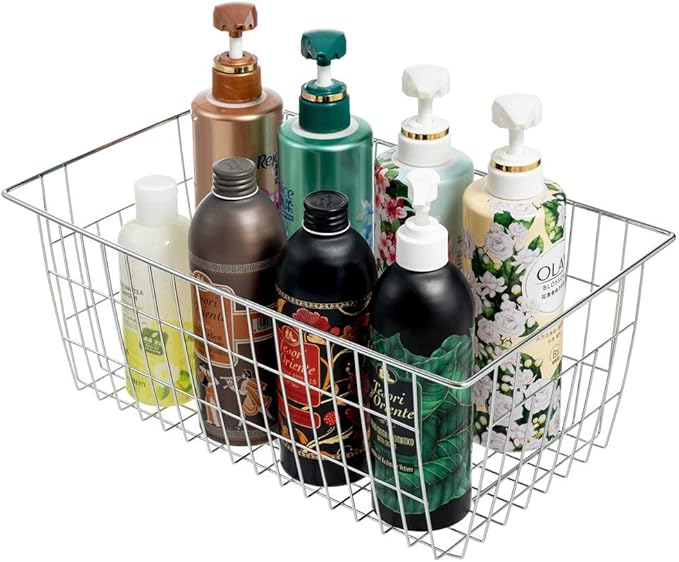 SANNO Farmhouse Freezer Bastets Organizer Bin Large Metal Wire Food Storage Organizer Bin Basket - for Kitchen Cabinets, Pantry, Bathroom, Laundry Room, Closets, Garage - Chrome, 3 pack