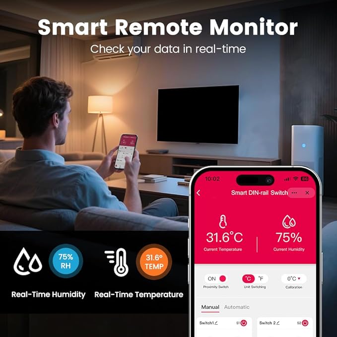 TONGOU WiFi Smart Temperature Humidity Controller Switch, DIN Rail Dry Contact Output,Tuya/ Smart Life Remote Temperature Humidity Monitor, for Electrical Cabinet/ Greenhouse Incubator, FCC Certified
