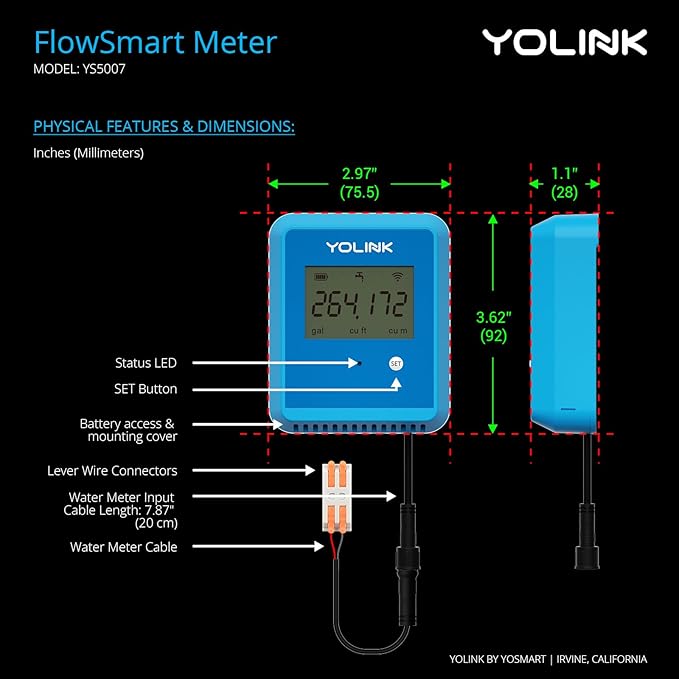 YoLink FlowSmart NSF Water Meter, Smart Water Usage Monitor and Water Leak Detection: 0.5 Inch Advanced Smart Home Water Meter, Hub Included