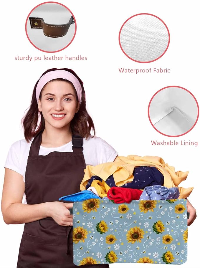 Blue Yellow Sunflower Storage Bins Cubes Waterproof Cloth Storage Basket,Summer Botanical Farmhouse Floral Foldable Storage Bags for Shelf Clothes Storages Organizers with Handles 15x11x9.5 in 1PCS