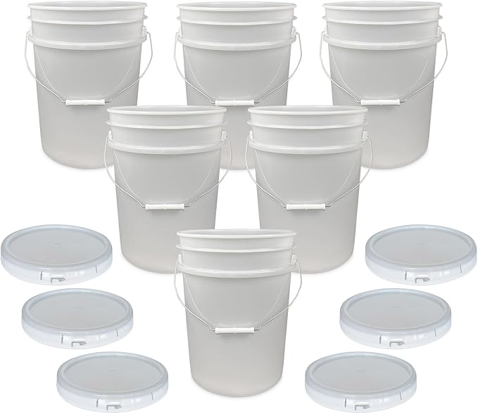 ePackageSupply 5 Gallon Bucket - Food Grade Bucket with Airtight Gasketed Tear Strip Lid, BPA-Free, Heavy-Duty 90 Mil HDPE Plastic Pail, Bulk Storage, Durable Container, Made in USA - Natural, 6 Packs