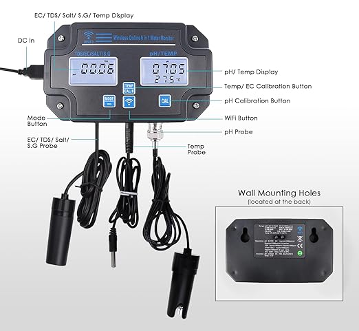 Smart Water Quality Tester 6-in-1 pH/EC/TDS/Salinity/S.G and Temperature Meter with Wi-Fi Continuous Monitor Wall-Mounted pH Water Meter with ATC and Easy Calibration for Aquariums, Hydroponics