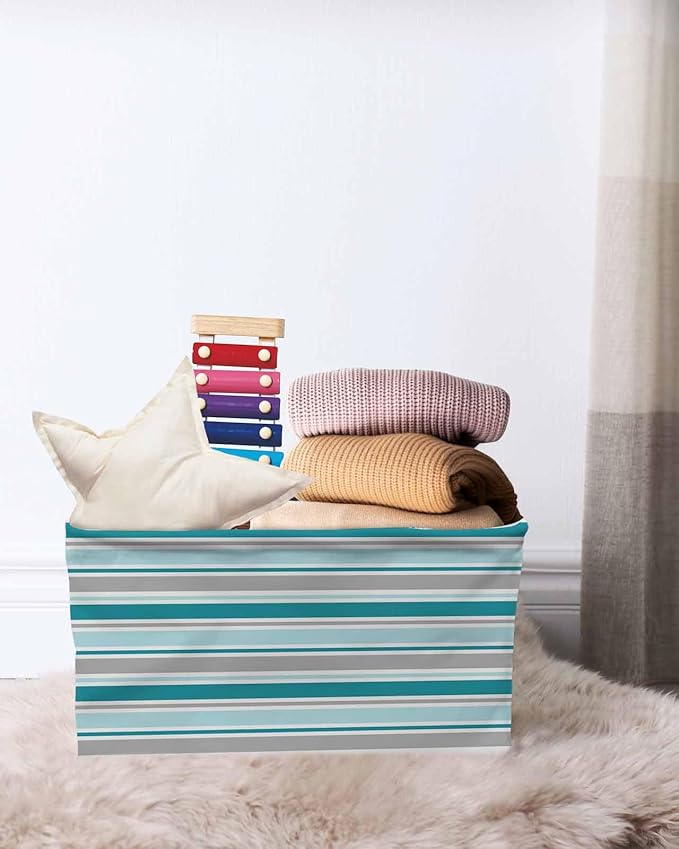 Grey Blue Striped Storage Bins Cubes Waterproof Cloth Storage Basket,Farmhouse Stripes Modern Abstract Art Foldable Storage Bags for Shelf Clothes Storages Organizers with Handles 15x11x9.5 in 2PCS