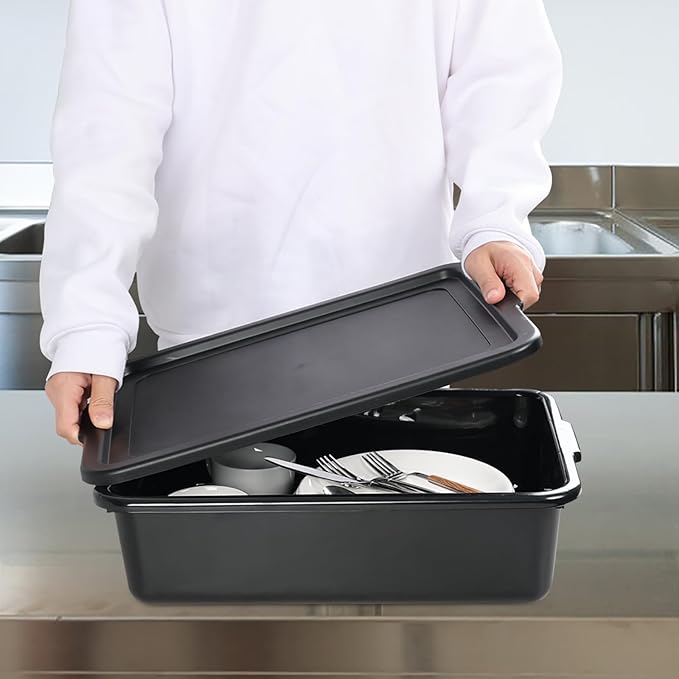 3-Pack 13 L Plastic Commercial Bus Tub with Lid, Restaurant Dish Tub, 4.7" Deep, Black