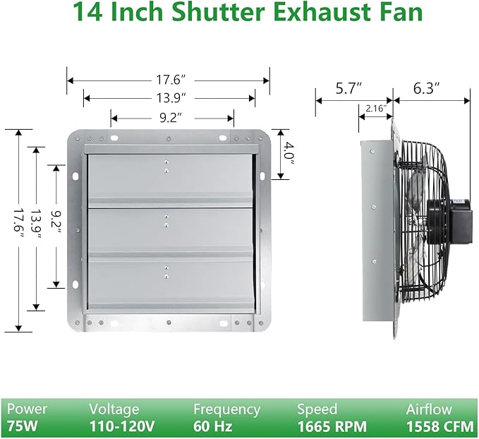 Shutter Exhaust Fan, 14 inch Wall Mount Attic Fans w/Speed Controller,1558 CFM,Chicken Coops Vent Fan for Greenhouse, Gable, Barn, Garage, Shed Ventilation Fan