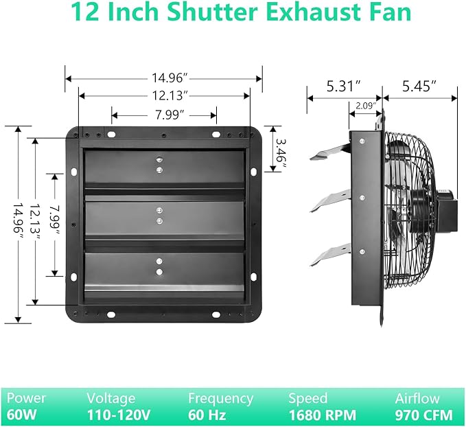12 Inch Shutter Exhaust Fan,Wall Mount Ventilator Fan with ON/OFF Switch,Attic Vent Fan for Greenhouse, Gable, Barn, Garage, Shed,Chicken Coops Ventilation Fans 970 CFM 1680RPM