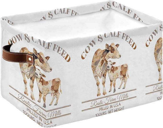 Beige Farm Animals Storage Bins Cubes Waterproof Cloth Storage Basket, Cow Farmhouse Foldable Storage Bags for Shelf Closet Clothes Storages Organizers with Handles 15x11x9.5 in 1PCS