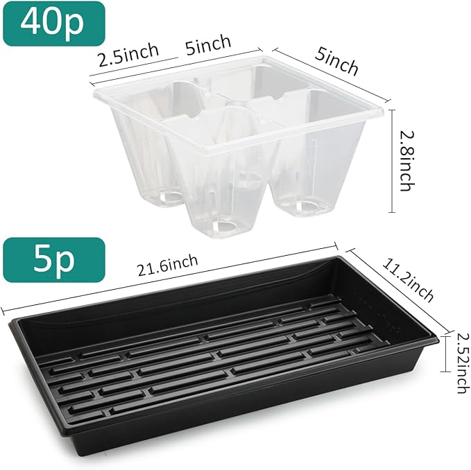 RooTrimmer 5 Pack Heavy Duty 1020 Trays and 40 Pack Clear 4 Cell Seed Starter Trays with Large Drainage Holes, Easy Transplant - for Seed Germination & Plant Propagation (5 Sets)