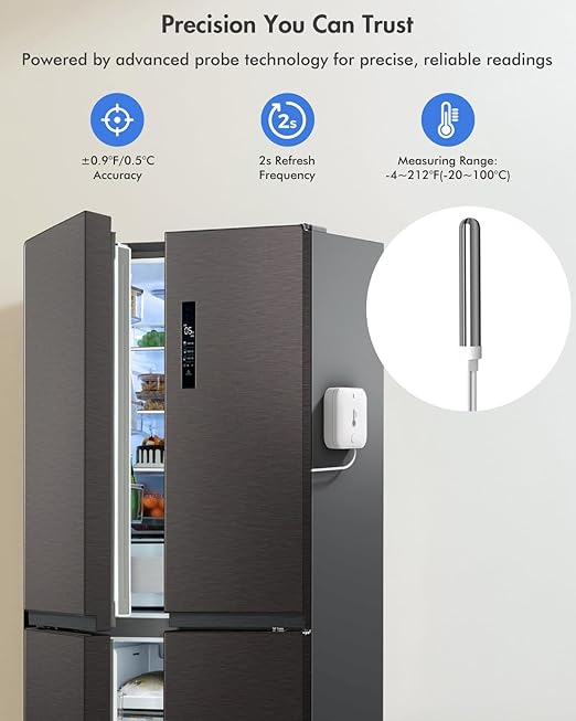 WiFi Refrigerator Thermometer with Alarm, Freezer Alarms Thermometer Sensor with App Alert, 90dB Loud Alarm for Fridge Kitchen Fish Tank Wine Cellar Hot Tub 2 Pack (2.4G WiFi Only)