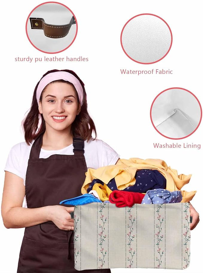 Beige Flower Branch Storage Bins Cubes Waterproof Cloth Storage Basket, Spring Summer Farmhouse Botanical Foldable Storage Bags for Shelf Closet Clothes Organizers with Handles 15x11x9.5 in 2PCS