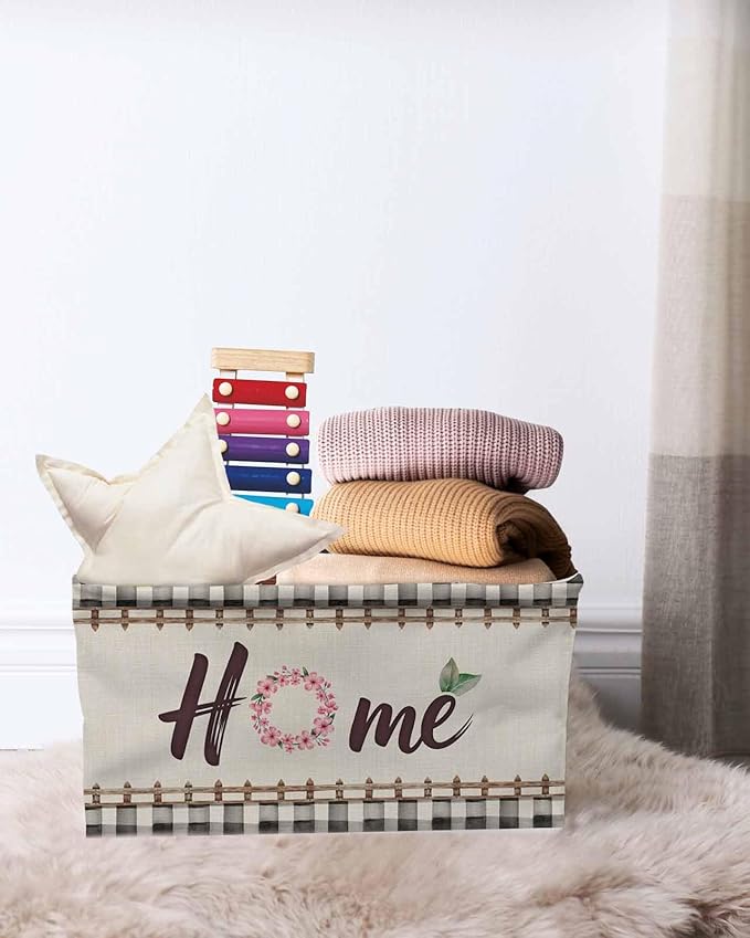 Spring Flowers Storage Bins Cubes Waterproof Cloth Storage Basket,Vintage Watercolor Black Plaid on Linen Foldable Storage Bags for Shelf Clothes Storages Organizers with Handles 15x11x9.5 in 2PCS