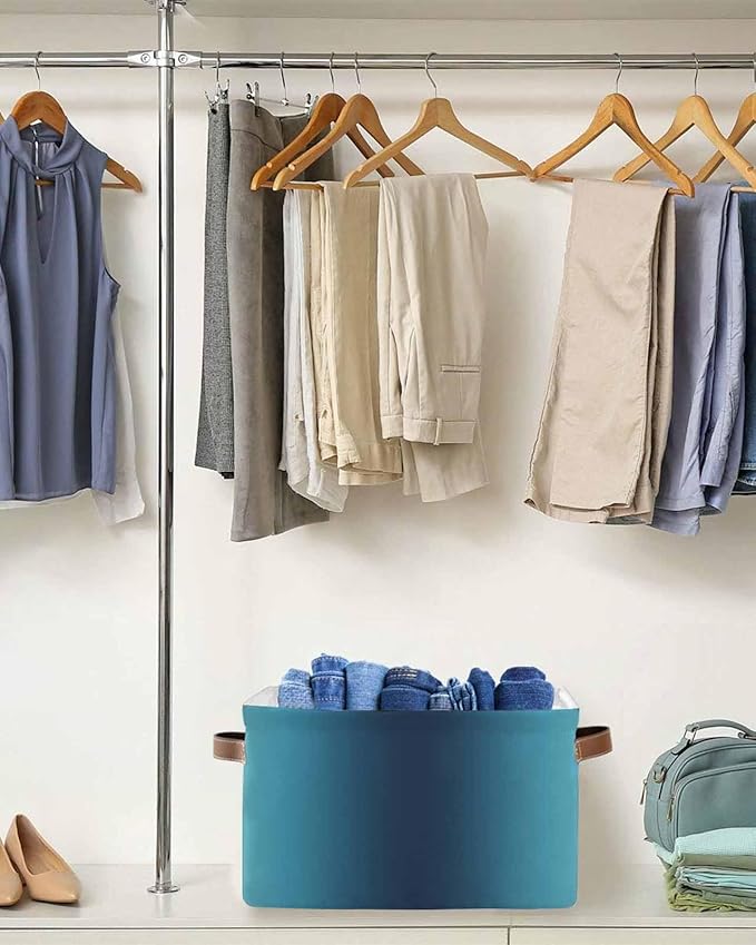 Blue Teal Yellow Ombre Storage Bins Cubes Waterproof Cloth Storage Basket,Farmhouse Modern Gradient Art Foldable Storage Bags for Shelf Clothes Storages Organizers with Handles 15x11x9.5 in 2PCS