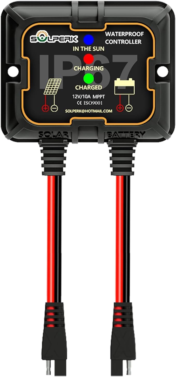 SOLPERK Waterproof Solar Charge Controller 10A 12V,Intelligent Portable Controller IP67 Solar Panel Controllers for AGM, Gel, Flooded and Lithium Battery