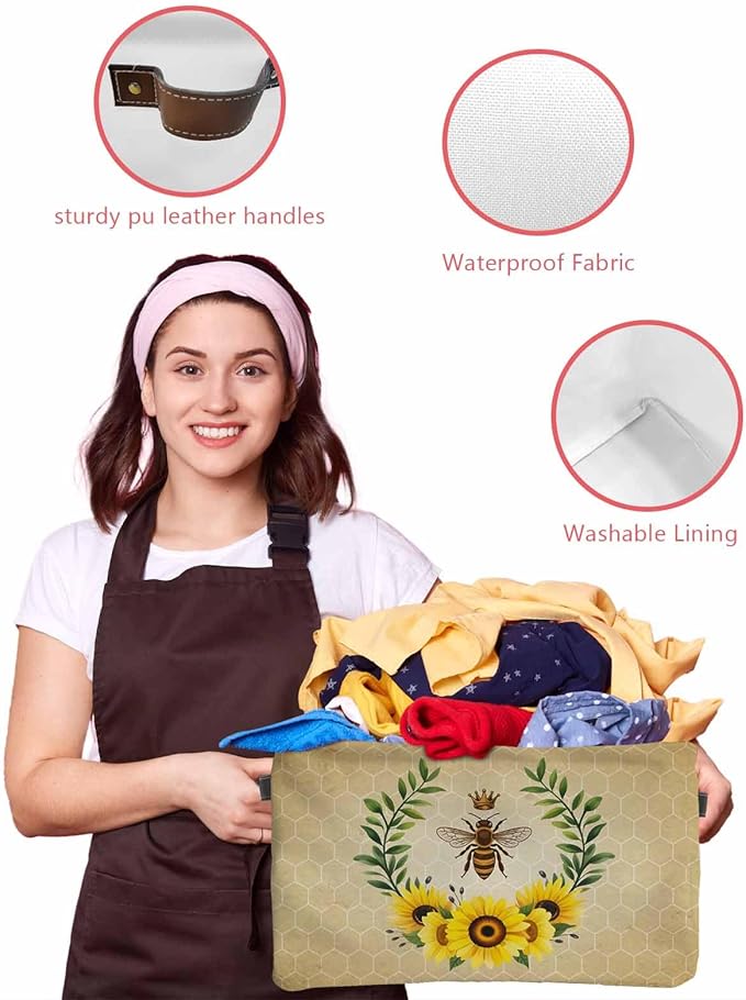 Sunflowers Storage Bins Cubes Waterproof Cloth Storage Basket,Farmhouse Bees Spring Summer Watercolor Floral Leaf Foldable Storage Bags for Shelf Storages Organizers with Handles 15x11x9.5 in 1PCS