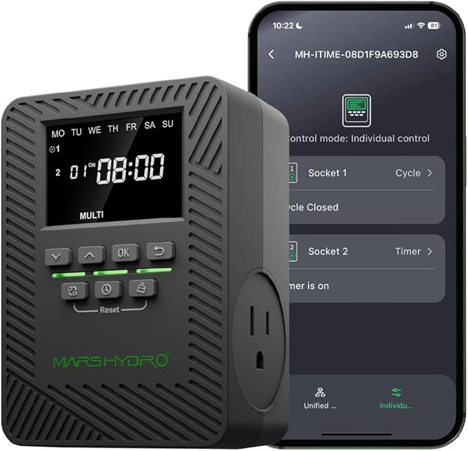 2025 MARS Hydro ITime 2-in-1 Smart Timer Outlet Dual Outlet App Control Custom Programmable 12 On/Off for Home Office and Plant Growth Use