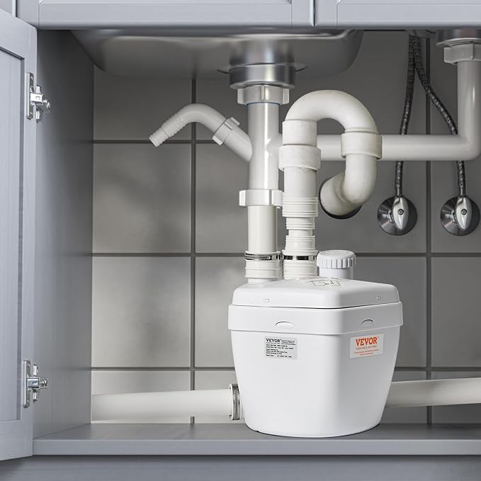 VEVOR 1/3 HP 120-Volt 1750 GPH Flow 18 ft Head Under-Sink Sump Pump System with Copper Wire Motor, Heavy-Duty Utility/Laundry Drain Pump, White