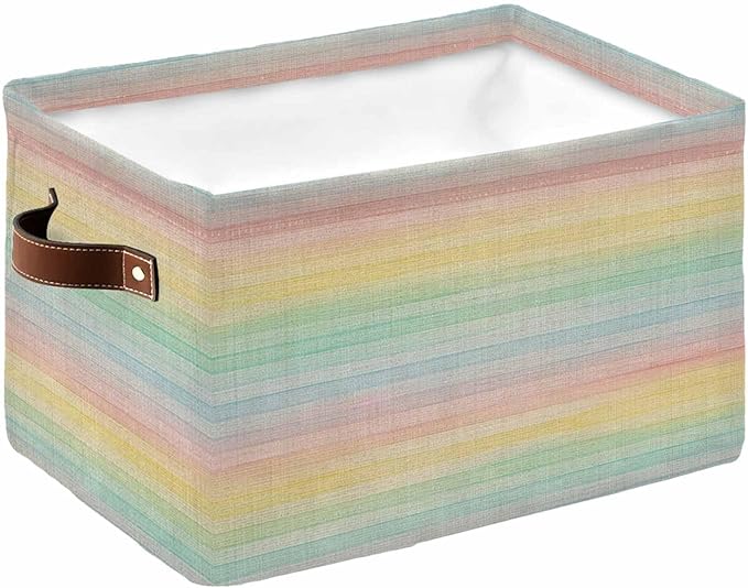 Colorful Striped Storage Bins Cubes Waterproof Cloth Storage Basket, Farmhouse Vertical Striped Burlap Rustic Foldable Storage Bags for Shelf Closet Clothes Organizers with Handles 15x11x9.5 in 1PCS