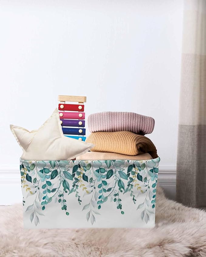Teal Eucalyptus Storage Bins Cubes Waterproof Cloth Storage Basket, Watercolor Spring Weeping Botanical Foldable Storage Bags for Shelf Clothes Storages Organizers with Handles 15x11x9.5 in 1PCS