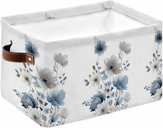Blue Grey Floral Storage Bins Cubes Waterproof Cloth Storage Basket, Watercolor Flowers Farmhouse Foldable Storage Bags for Shelf Closet Clothes Organizers with Handles 15x11x9.5 in 1PCS